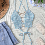 Sexy Gradient Knit Cami Top with Golden Chain Detail - V-Neck, Sleeveless, Stretch Fabric, Light Blue to White Ombre Design for Women - Perfect for Spring/Summer/Fall
