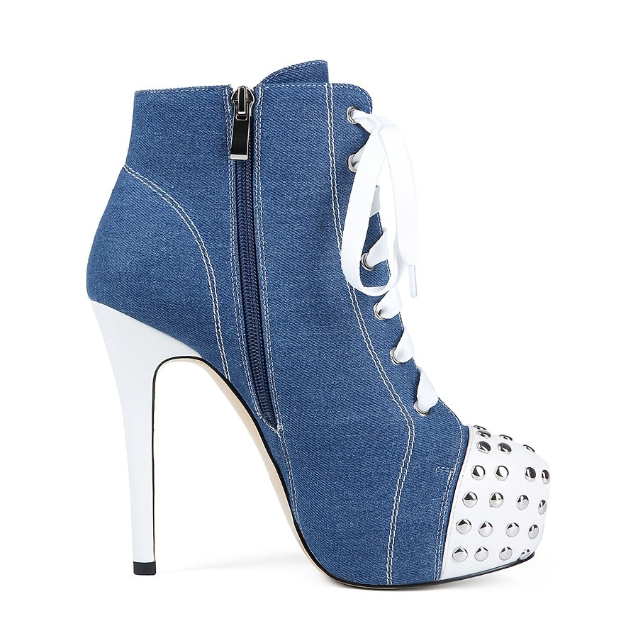 [Waterproof Stiletto Heels Round Toe] Women's Fashion Ankle Boots with Adjustable Strap, Waterproof Platform Stiletto Heels, Round Toe Rivet Detail, Side Zipper, British Style Mid-Calf Color Block Boots for Parties and Shoppi