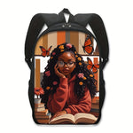 Chic Afro Girl Reading Nook Print Backpack - Lightweight, Durable Polyester School Bag with Detachable Straps for Teens & Students