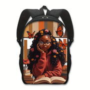 Chic Afro Girl Reading Nook Print Backpack - Lightweight, Durable Polyester School Bag with Detachable Straps for Teens & Students