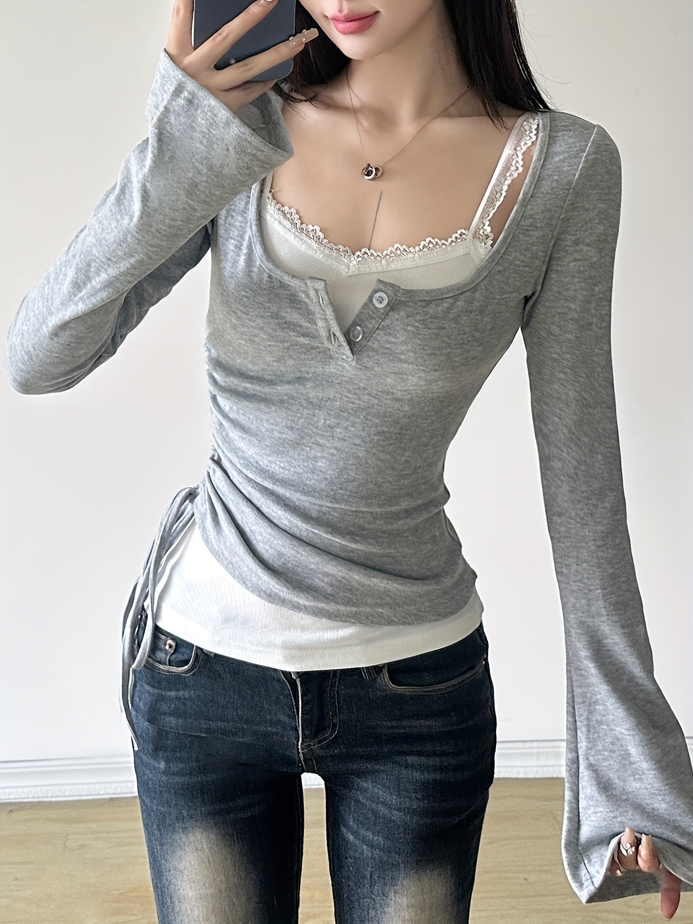 SassyGals 2-Piece Autumn Outfit – Knitted Long Sleeve T-Shirt & Lace Strap Tank Top with Drawstring Waist (Square Neck, No Stretch)