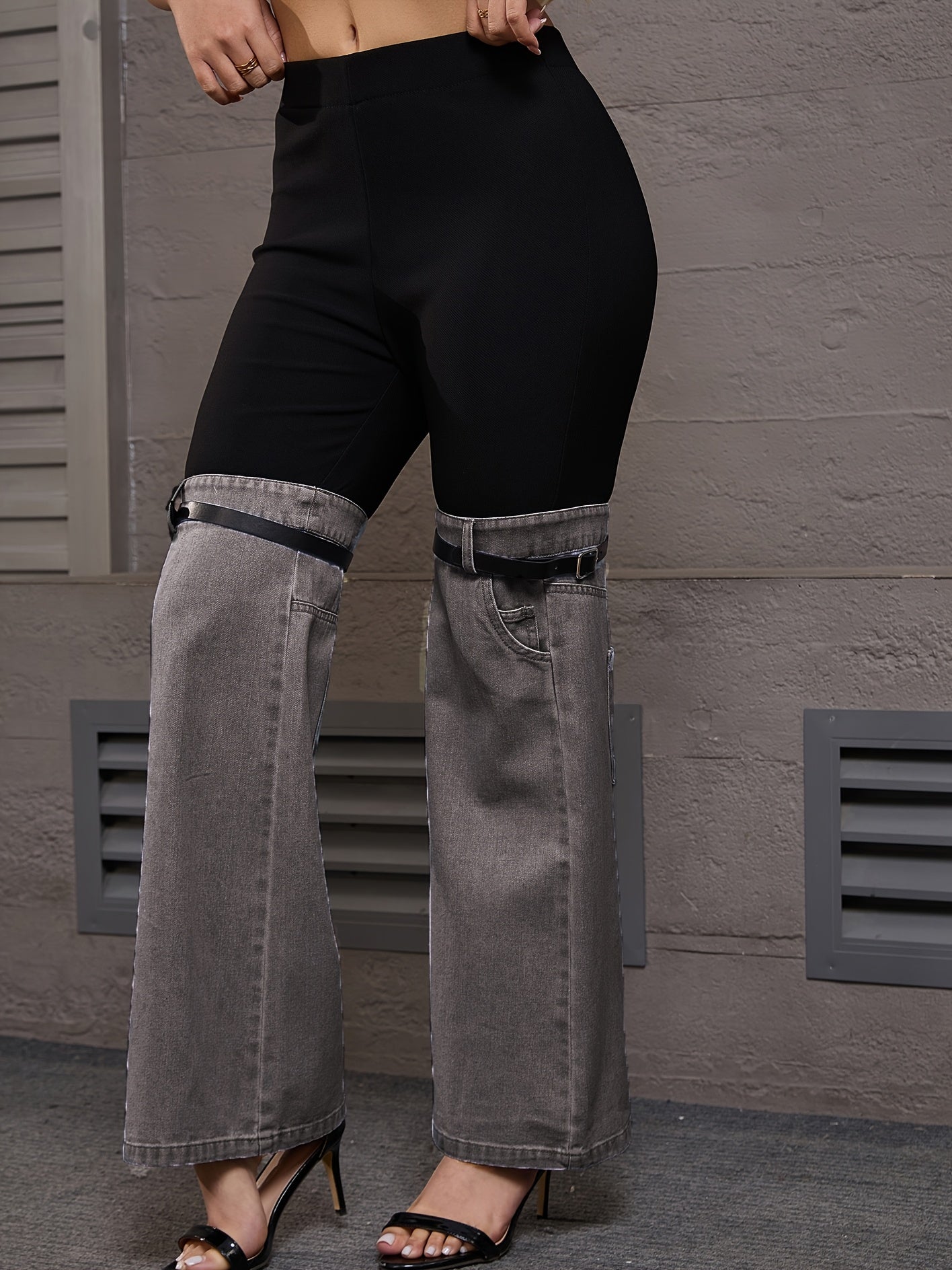 Women High Elastic Waist Two Tone Trendy Patchwork Jeans With Garter Belt Detail – Unique Streetwear Style