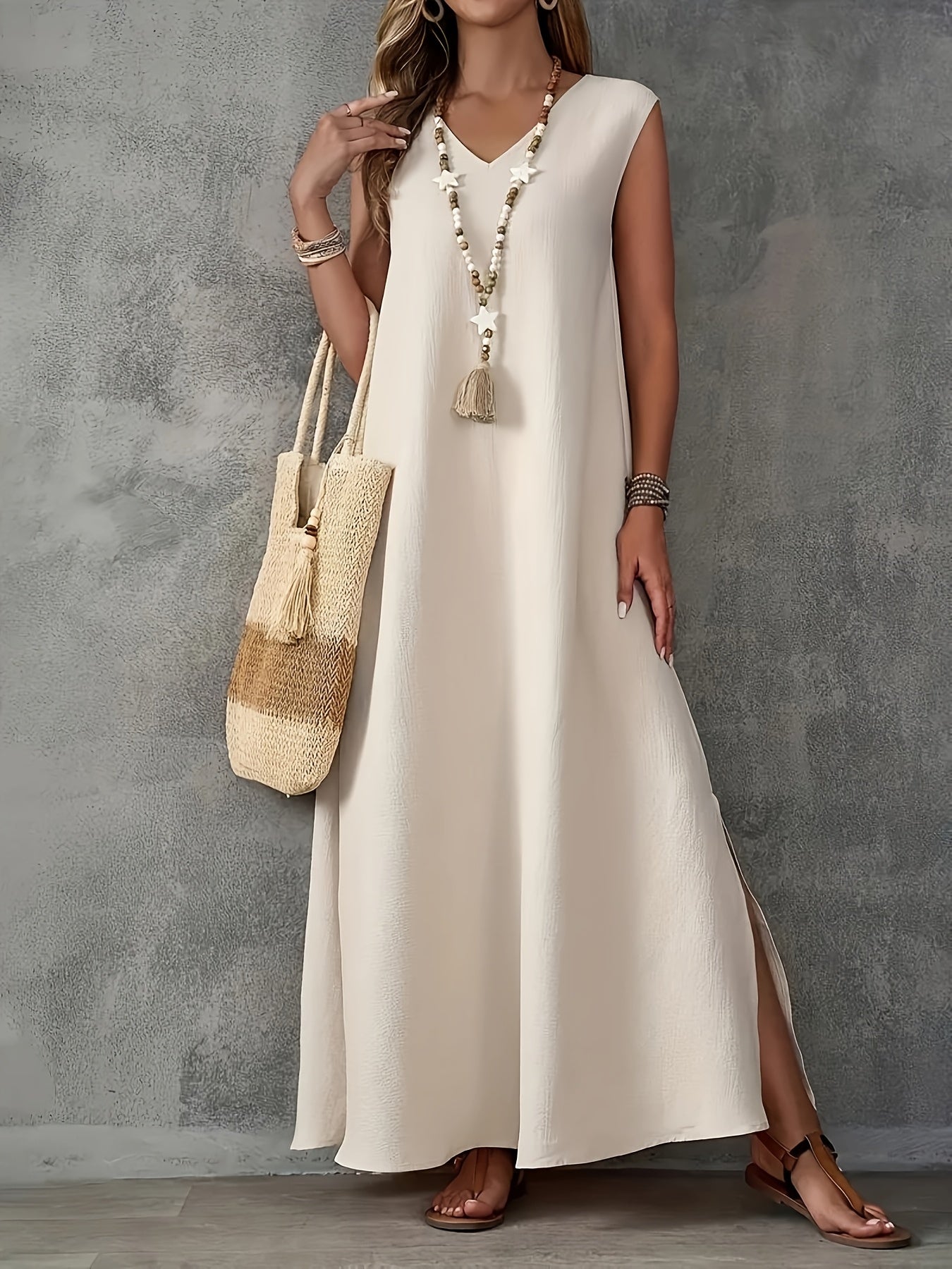 Women's Elegant V-Neck Sleeveless Maxi Dress - Solid Color, A-Line Cut, Lightweight Polyester Fabric, Perfect for Spring/Summer Casual Wear, Casual Elegant Dress | Minimalist Style | Glossy Texture, Cute Dress