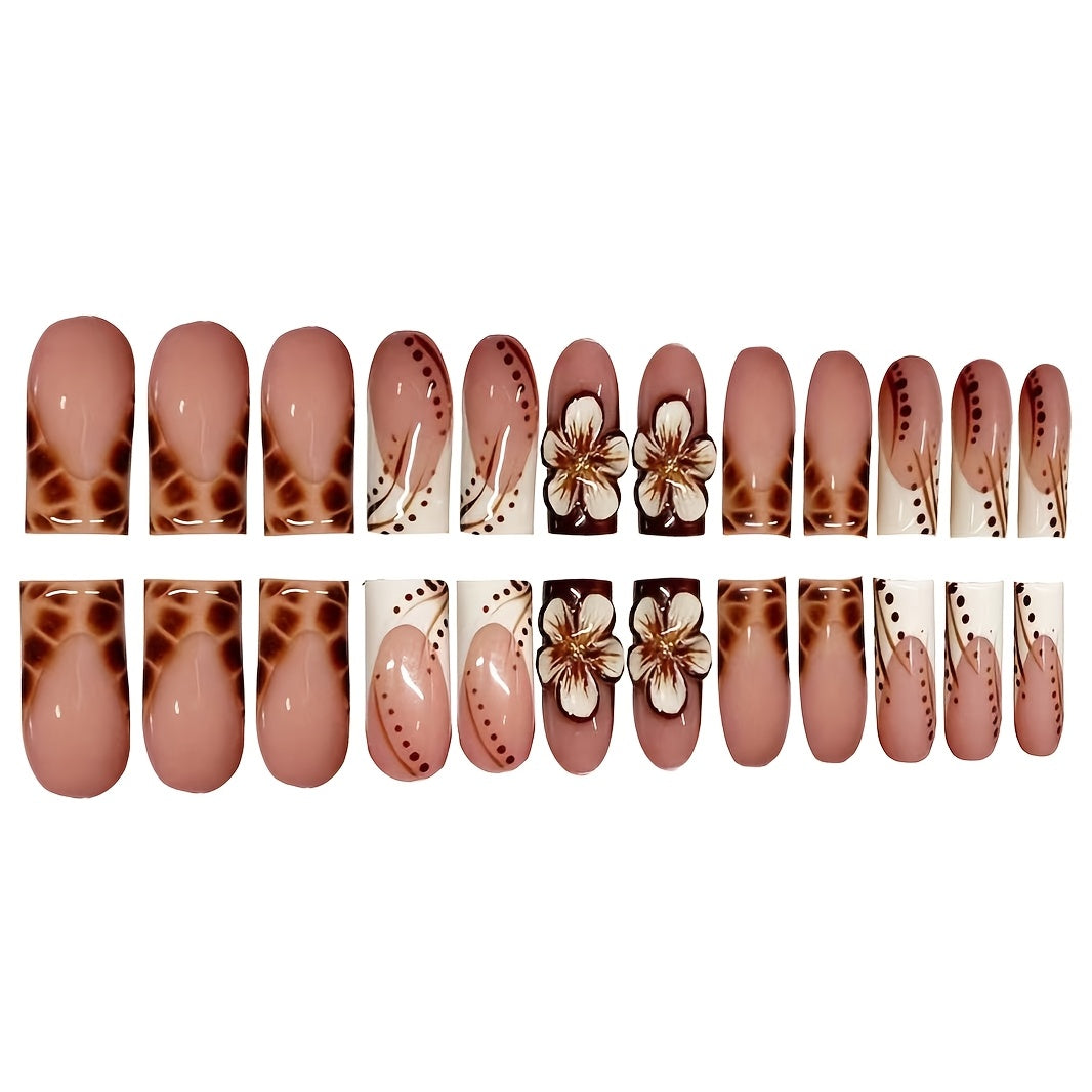 24pcs Press On Nails Set, Full Cover Medium Length, Leopard Print & Colorblock Design, Glossy Finish, with 3D Floral Accents, Includes Nail File and Jelly Glue