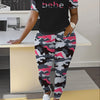 Adorable 'BEBE' Letter Print & Camo Patchwork Spring/Summer Set - Comfy Polyester Blend T-Shirt & Joggers, Machine Washable, for Women