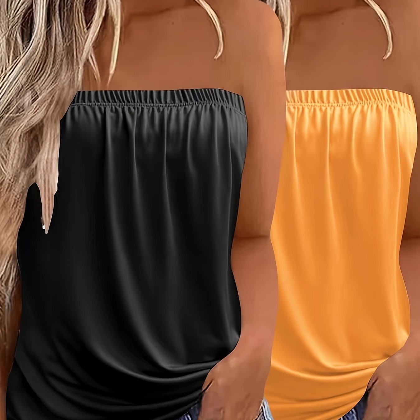 2-Pack Elegant Strapless Bandeau Top, Solid Color Jersey Knit Fabric, Stretchy Polyester 100% Sleeveless Backless Summer Tank Tops