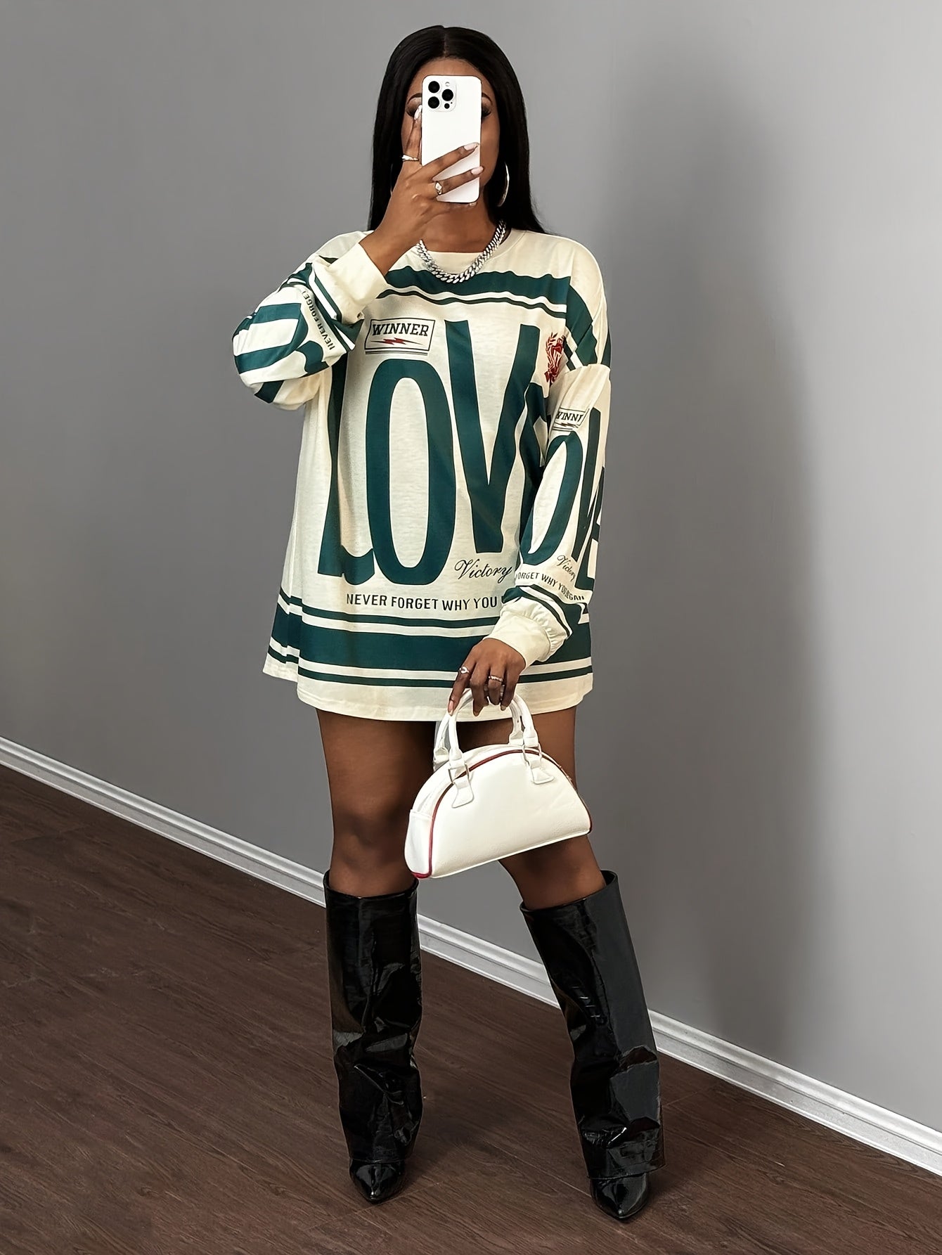 Women'S Casual "LOVE" Graphic Long Sleeve T-Shirt - Beige & Green, Drop Shoulder, Pullover, Medium Stretch, Fall & Spring Style, Fall Casual Wear | Graphic Tee | Comfortable Fit, Ladies T Shirts