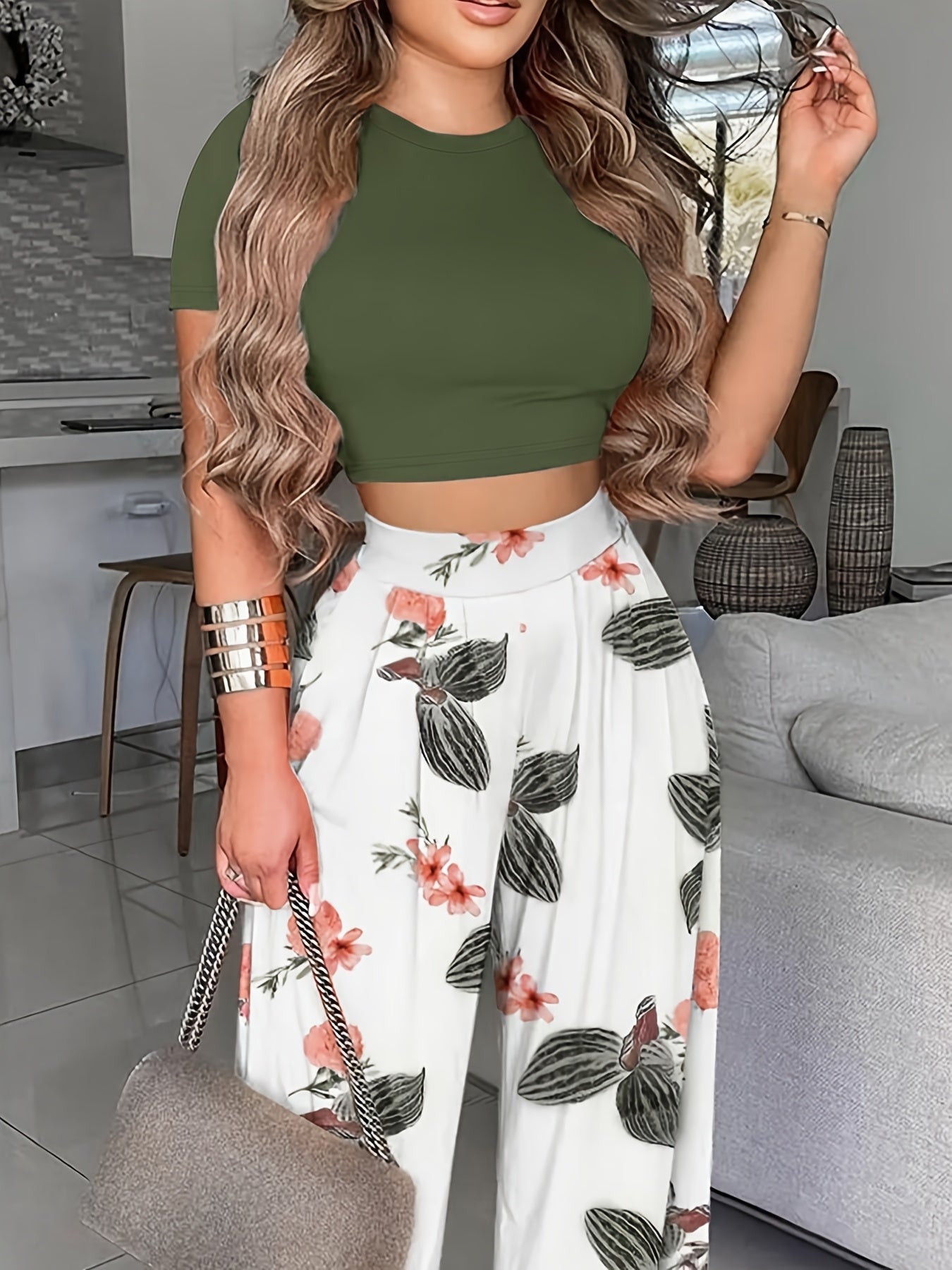 Women's Chic Casual Two-Piece Set: Short Sleeve Crop Top in Vibrant Pink & Floral High-Waist Pants - Durable Polyester, Machine Washable, Perfect for Spring/Summer, Spring Summer Outfit|Vibrant Crop Top|Comfortable Knit