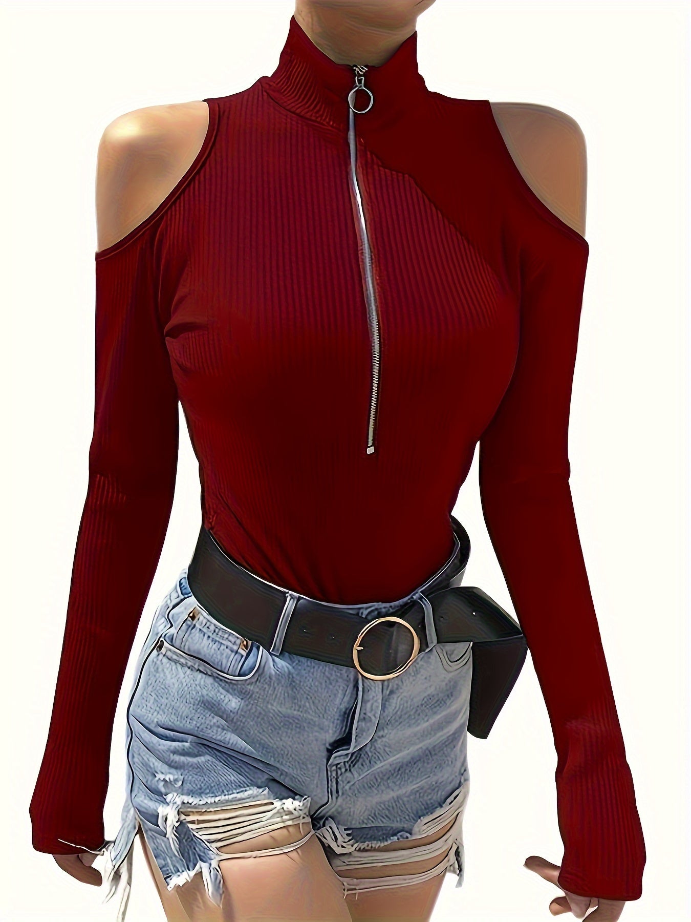 Solid Color Zip Up T-shirt, Elegant Cold Shoulder Long Sleeve Top For Spring & Fall, Women's Clothing