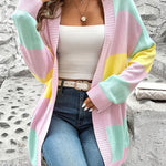 Women'S Casual Cardigan Sweater, Mid-Length, Comfortable Long Sleeves, Colorful Stripes, Perfect for Pairing with Jeans, Leggings, Trousers, Shorts, Boots, or Sneakers, Casual Fit, Striped Pattern, Ribbed Detailing
