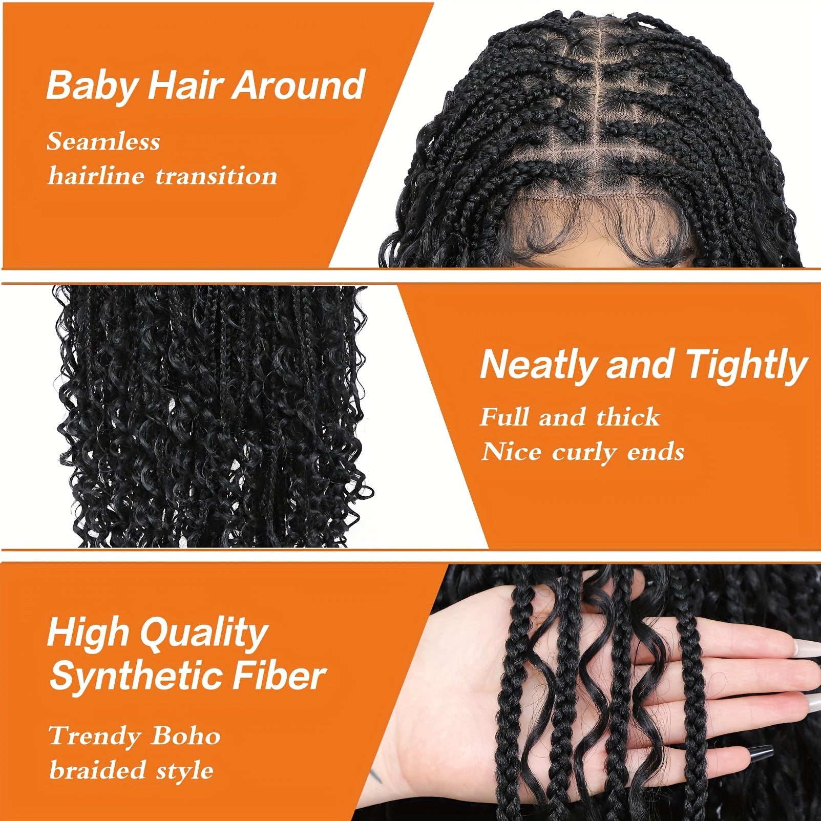 Boho Knotless Braided Wigs for & Men - Double Full Lace Synthetic Hair with Hair, 200% Density Curly Wave, Heat Resistant & Breathable, Unisex Bohemian Box Braids for Everyday & Special Occasions