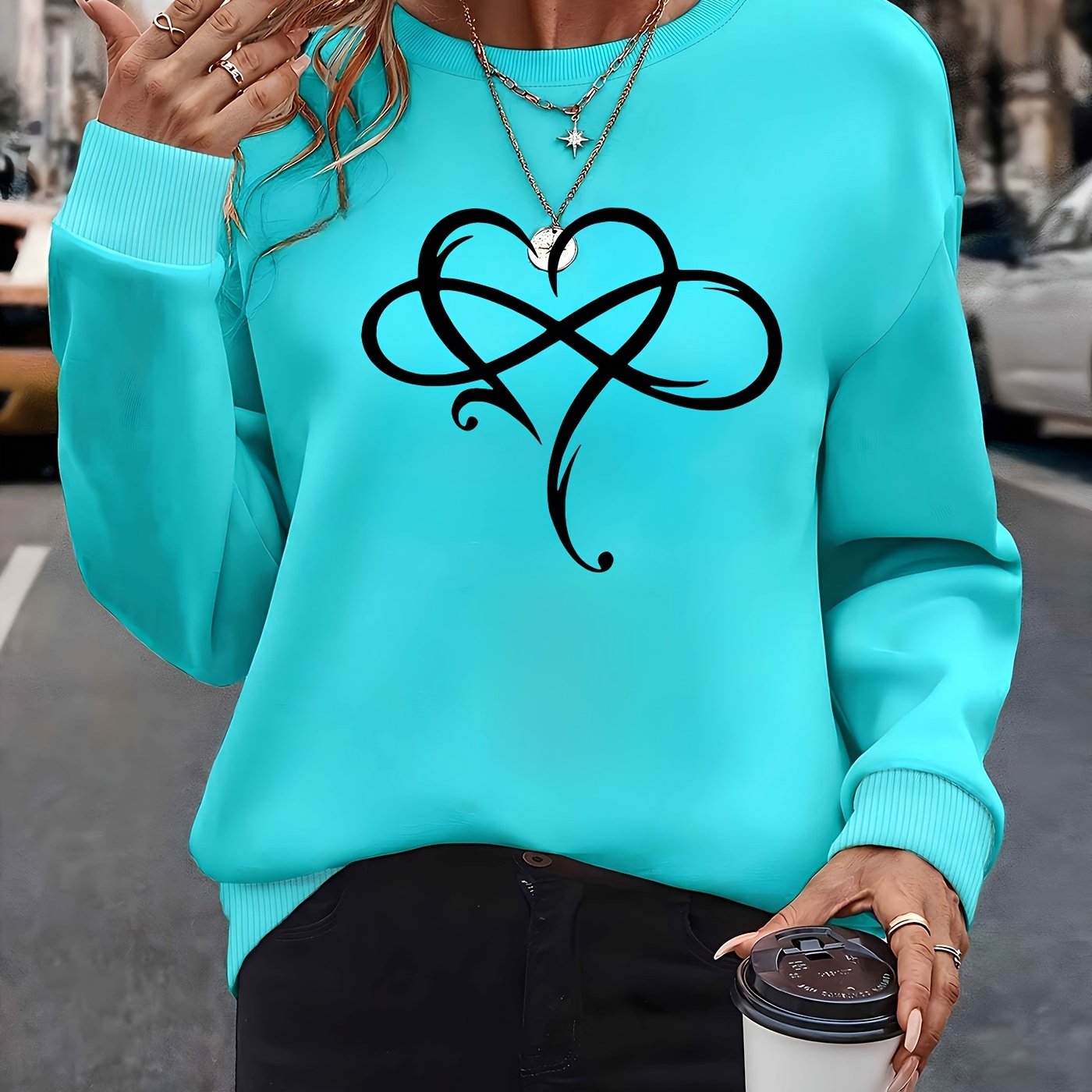 Elegant Crew Neck Sweatshirt for Women with Creative Heart Design - 100% Polyester Knit Fabric, Long Sleeve Pullover for All Seasons