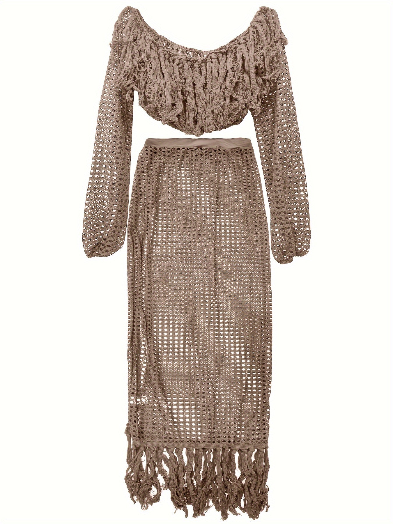 Tassel Trim Hollow Out Sexy Set - Crop Off Shoulder Long Sleeve Top & High Slit High Waist Maxi Skirt - Women's Clothing - For Women - Perfect for Parties & Night Out - Ideal Gift for Her