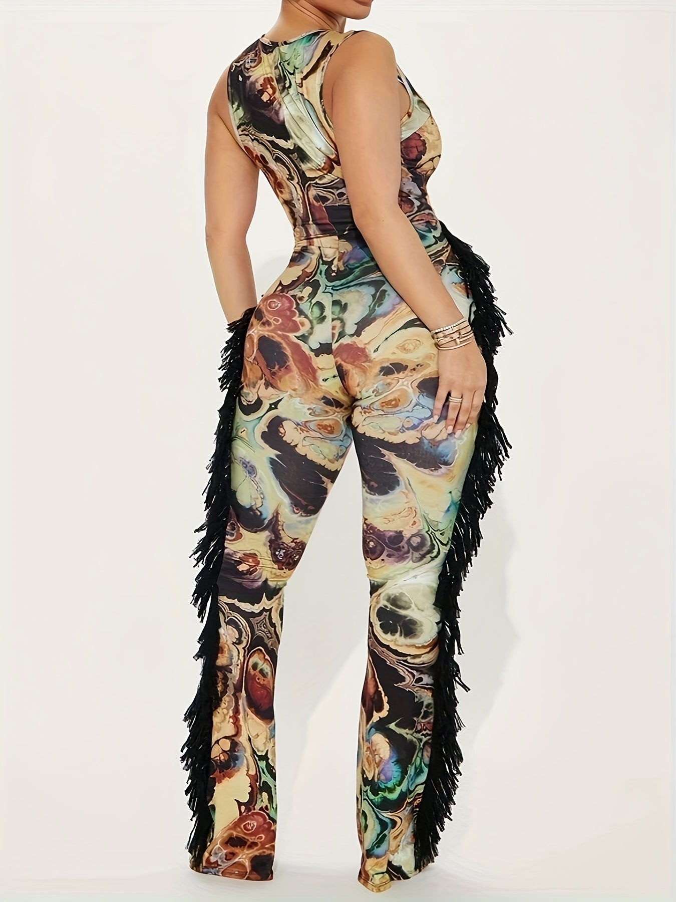 Print Sleeveless Jumpsuit for Women - Elegant V-Neck with Floral Print, Fringe Detail, and Ruffled Hem, Perfect for Summer, Allseason Jumpsuit|Vneck Jumpsuit|Trendy Women'S Jumpsuit