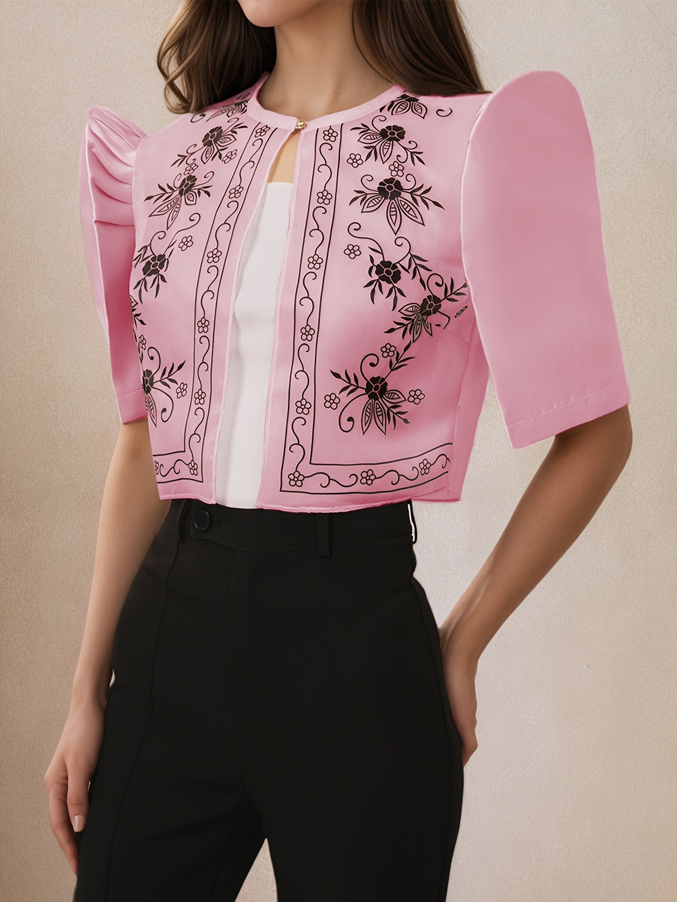 Women's Lightweight Floral Print Puff Sleeve Blouse - Semi-Sheer Round Neck Casual Chic Top for Work, Outings & Leisure | Spring Summer Machine Washable Shirt, Work Apparel | Elegant Design, Ladies Blouses