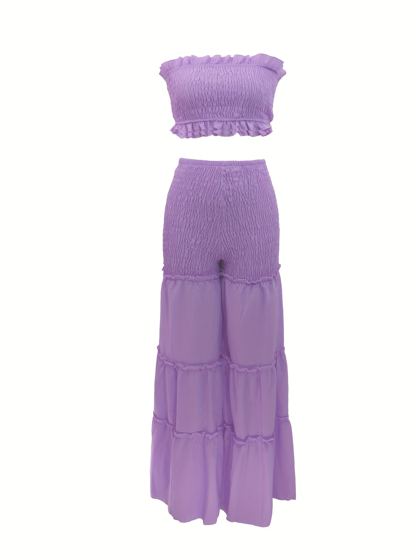 Elegant V-Neck High-Waist Wide Leg Two-Piece Set with Ruched Detail - Sexy Corset & Strapless Top, Polyester Blend, Perfect for Spring/Summer, Chic Outfit|Vneck Top|Polyester Blend