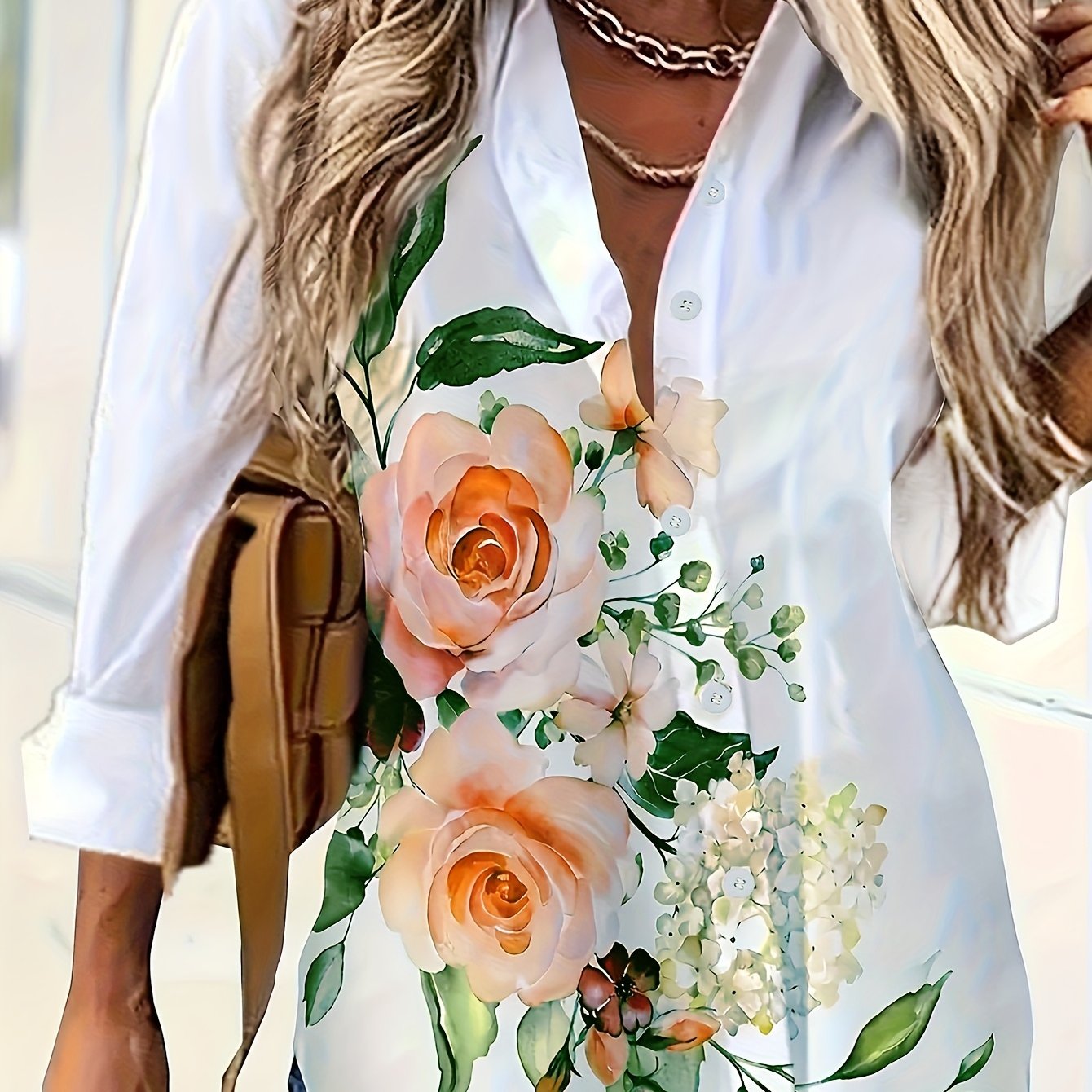 Women'S Floral Print Long Sleeve Casual Button-Up Shirt - White with Pink Roses & Green Leaves, Perfect for All Seasons, Casual Attire|Floral Print Shirt|Long Sleeve Shirt