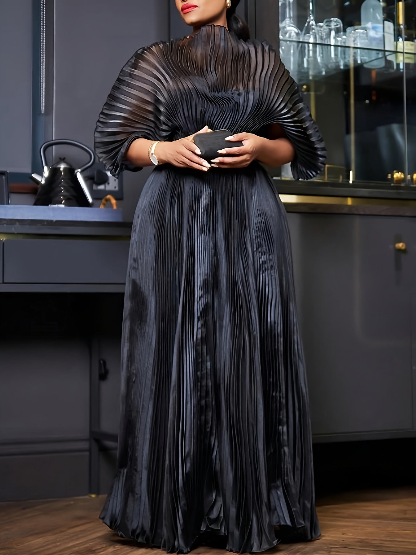 Black Stretchy Maternity Waist Pleated Maxi Dress - Elegant Long Sleeve Mesh Formal Gown with Ruching Detail, Nigerian Wedding Guest Dress for Photoshoots, Birthday Parties & African Events, All-Season Women's Fashion, Formal