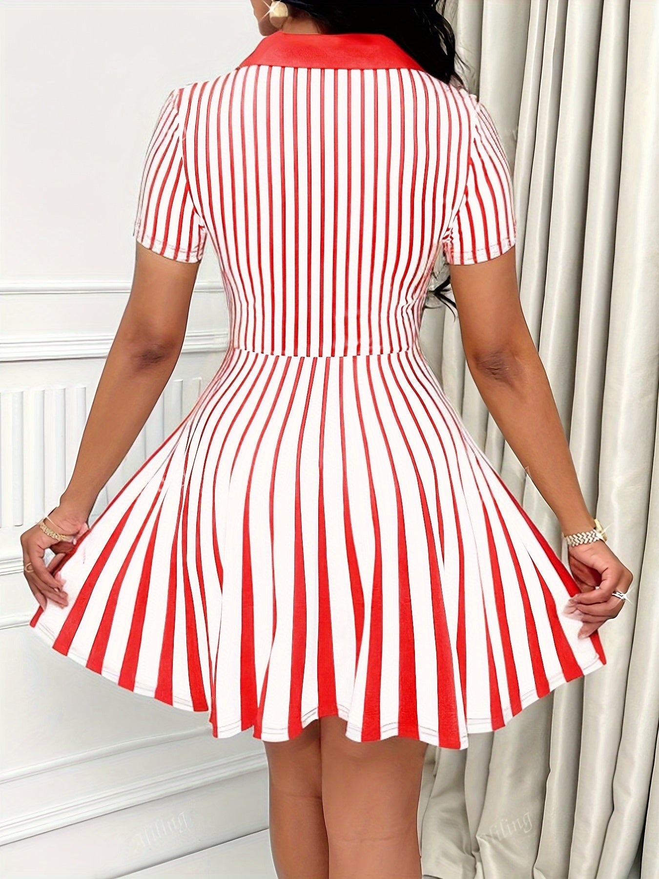 Women'S Casual Elegant Striped Polo Neck Dress - Short Sleeve, V-Neck, A-Line, Black and White Vertical Stripes, Perfect for Spring/Summer/Fall, Casual Attire|Striped Dress|Vneckline