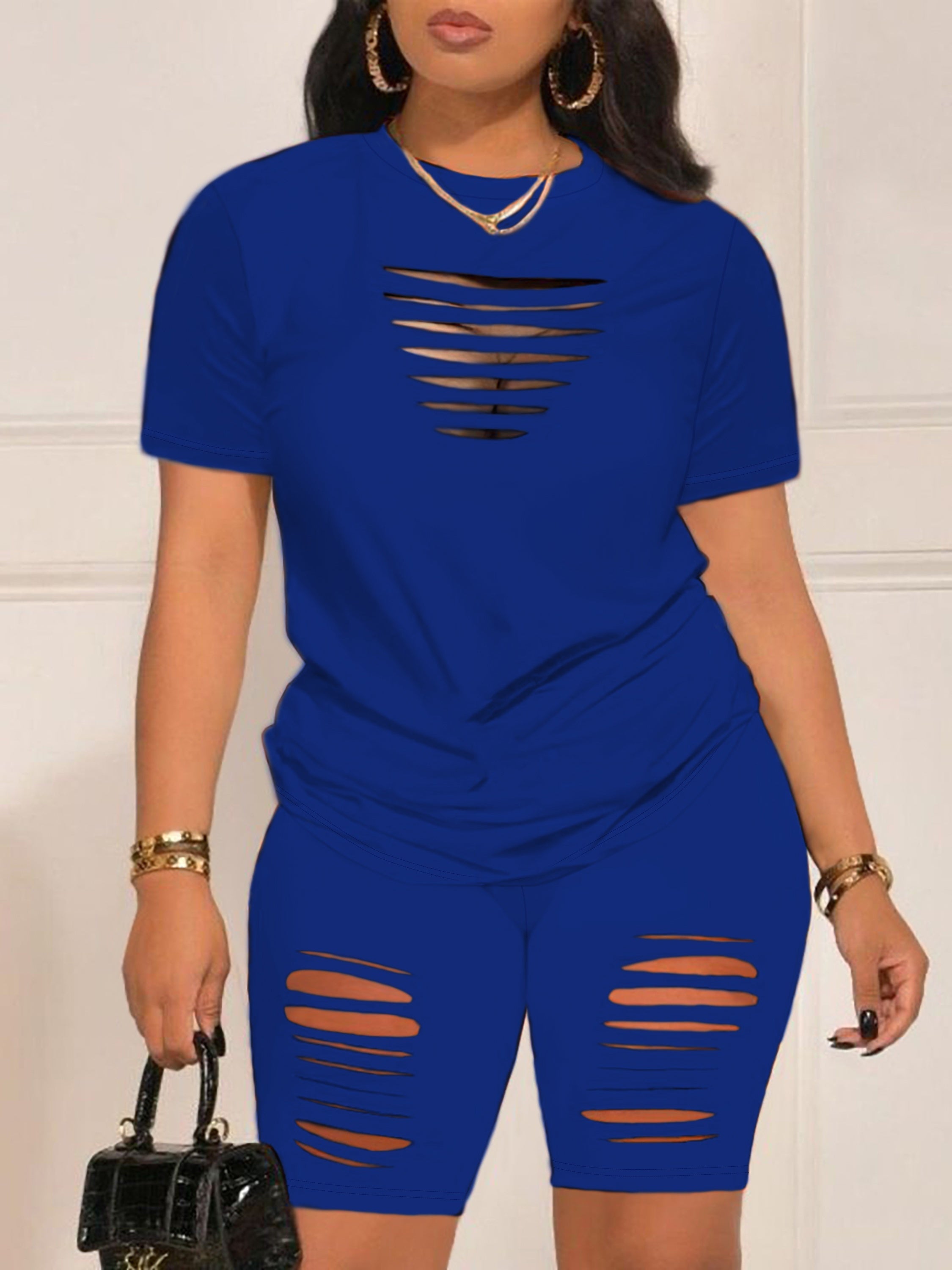 Summer Shorts Set - Pantsuits for Women, Crew Neck Short Sleeve Top & Shorts Outfits, Ripped Casual Clothing for Spring and Summer, Comfortable and Stylish Women's Clothing