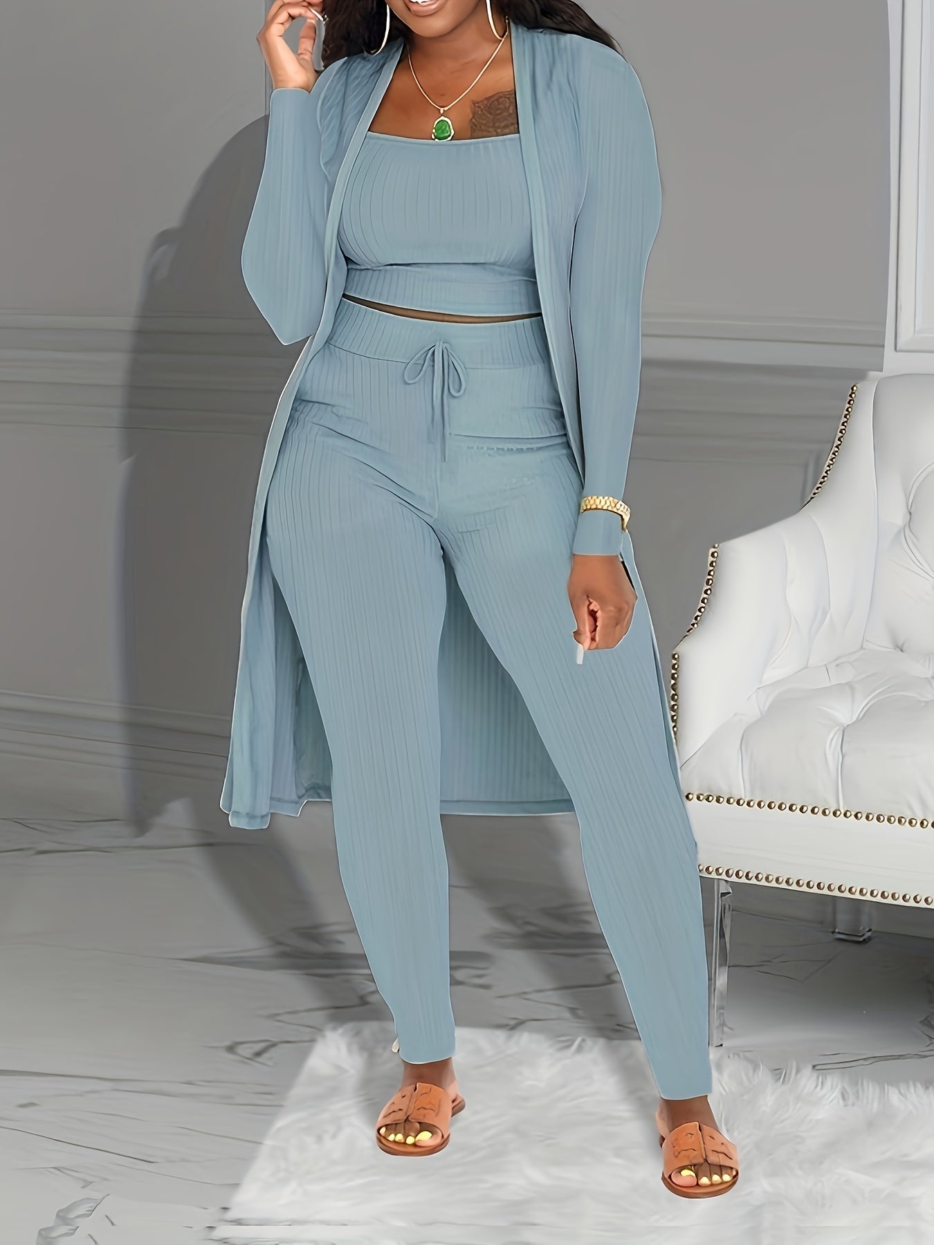 Three-piece Set of Ribbed Solid Casual Outfits, Open Front Long Sleeve Cardigan & Tank Top & Lace Up Pants, Women's Clothing