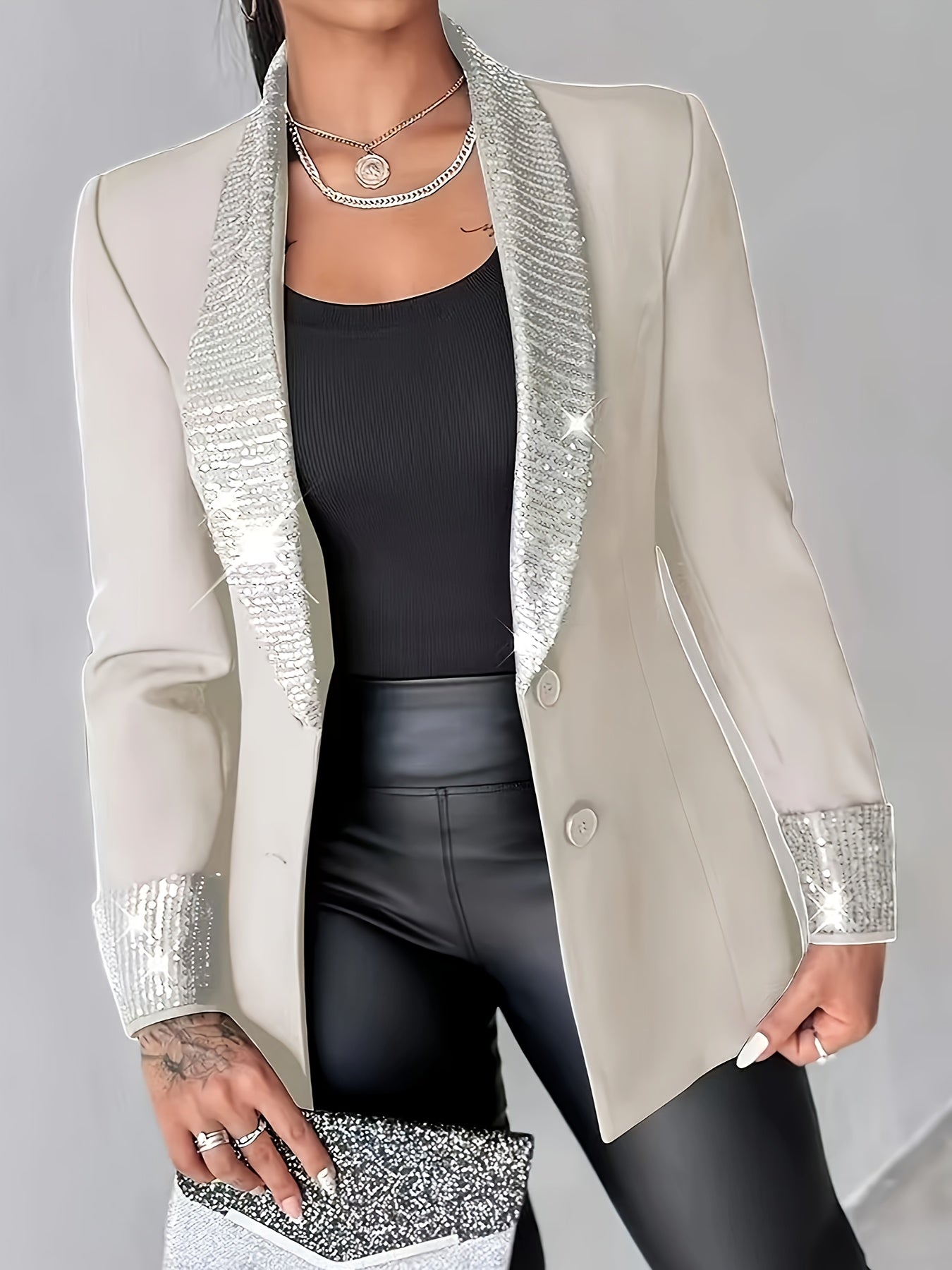 Women's Elegant Sequin-Trimmed Blazer - Chic Long Sleeve Jacket with Lapel Collar, Lightweight & Stylish for Spring/Summer/Fall, Perfect for Casual or Evening Wear, Seasonal Outerwear | Sophisticated Tailoring