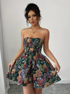 Elegant Vintage-Inspired Floral Tube Dress for Women - Sleeveless A-Line Summer Dress with Dark Background and Vibrant Rose Print, Machine Washable, Perfect for Casual or Formal Occasions, Occasion Dress | Vintage Floral Dres