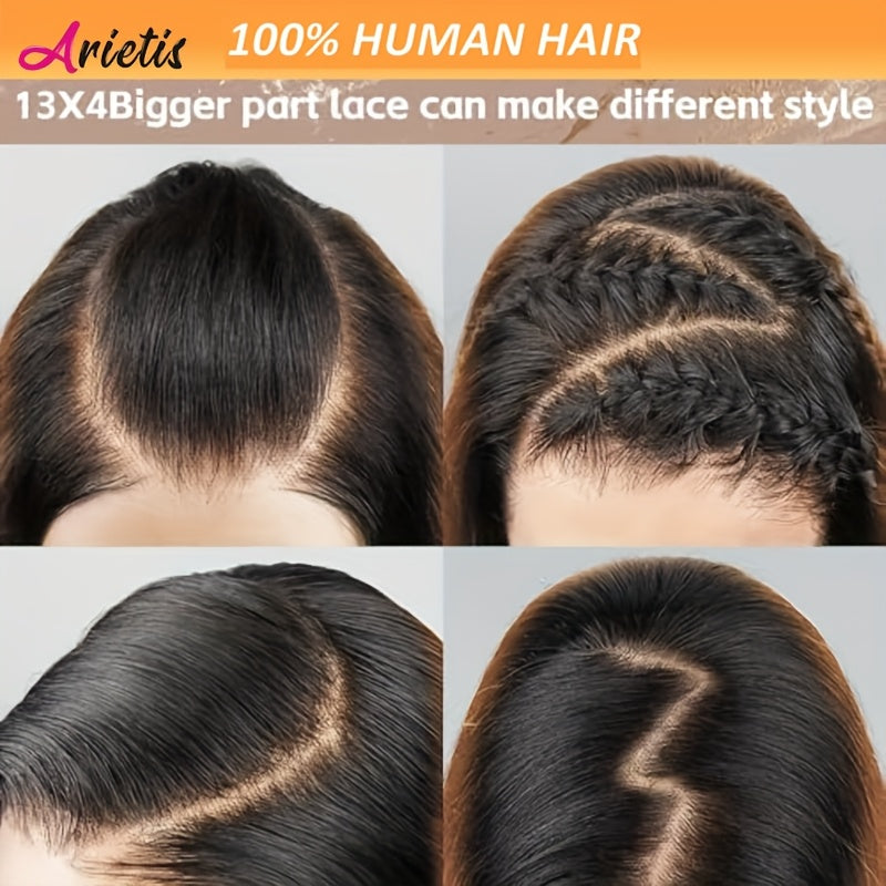 13x4 Transparent Lace Front Wig 10 Inch Straight Bob Human Hair Wig - Brown to Blonde Ombre with Black Highlights, 180% Density, Business Style for Women of All Ethnicities, Wig Accessories
