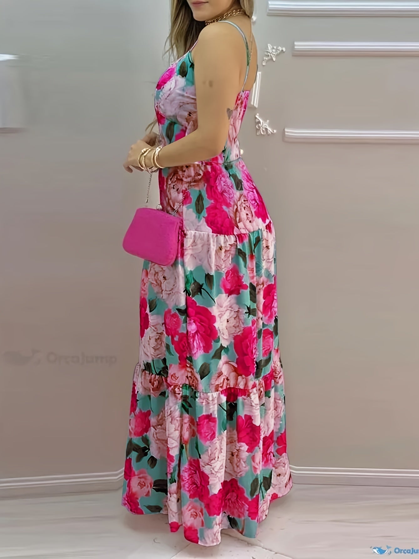 Women'S Elegant V-Neck Button Detail Pleated Maxi Dress, Summer Sleeveless Polyester 100% A-Line Flowy Dress with Print, Lightweight 113g/m² Fabric, Perfect for Adult - Woven