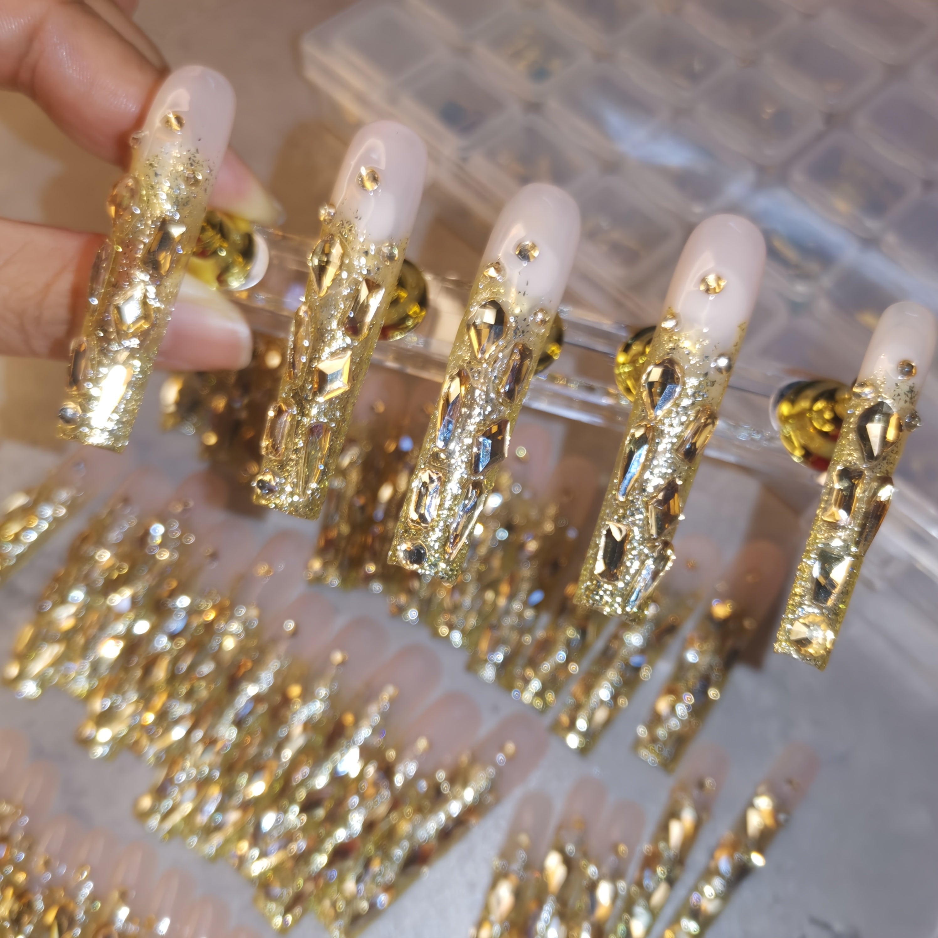 Luxury 10pcs Set Handmade Champagne Golden Full-Coverage Rhinestone Extra-Long Press-On Nails | Party & Salon Accessories | Festive Gift for Women | Golden Glam Art Nails with Ultra-Sparkling Hand-Set Crystals