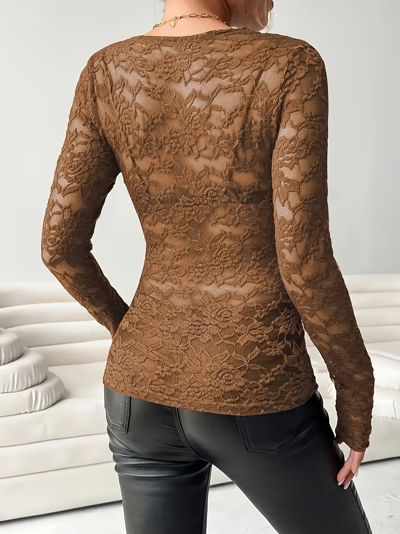 Chic & Sexy Lace V-Neck T-Shirt for Women - Sheer, Stretch Fabric, Perfect for All Seasons