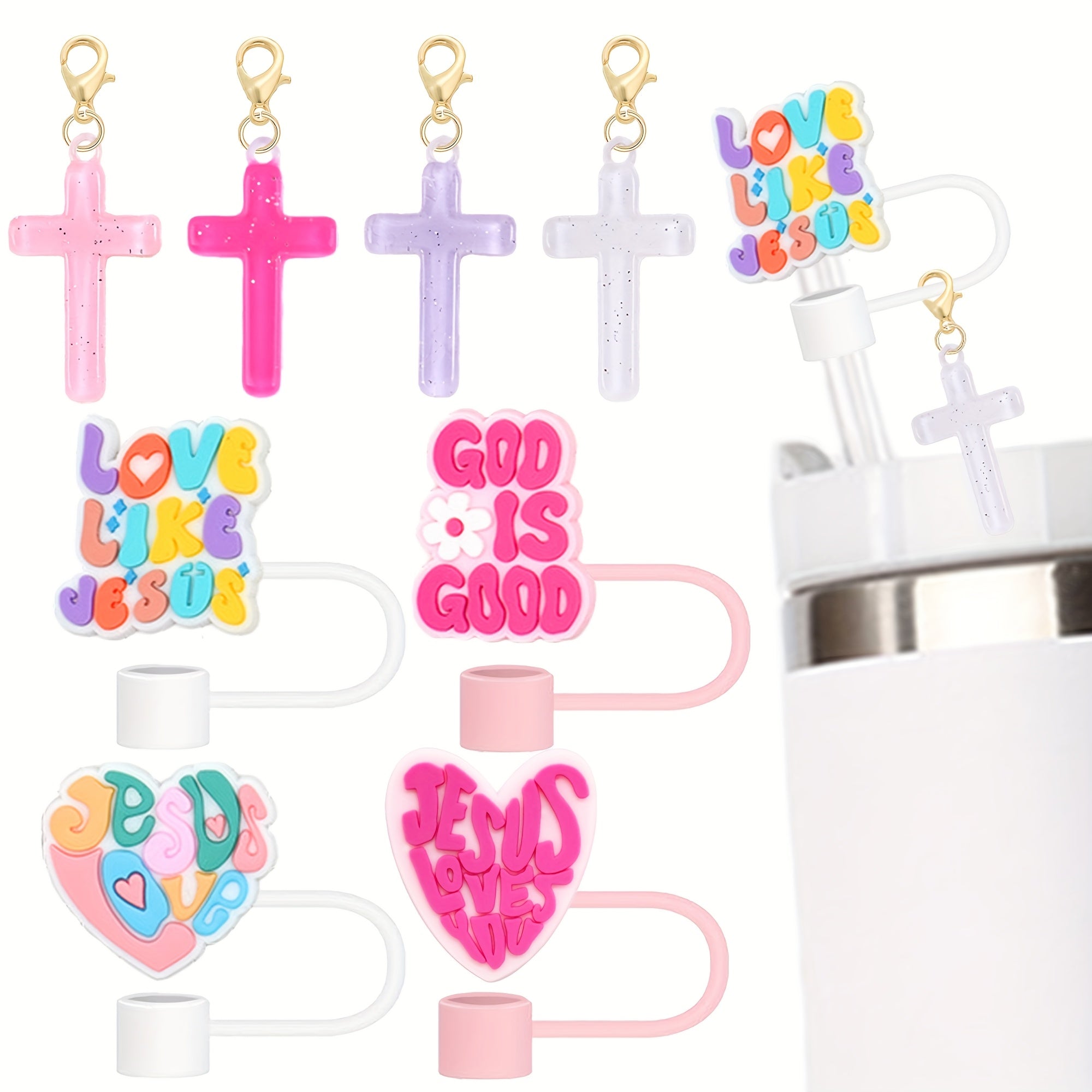 Shiny Pink Words Design Portable Straw Lid with Charm - Cup Tumbler Accessories - Beverage Cup Topper with Clip-On Bling Butterfly Ornament, 1.8in Diameter, Cute and Functional Sports Water Bottle