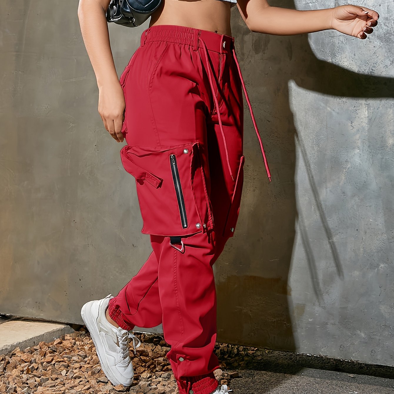 1pc Women'S Casual Cargo Pants, Polyester, Solid Color, All-Season Tapered Leg Workwear, 140g/m² Woven Fabric with 3D Pockets