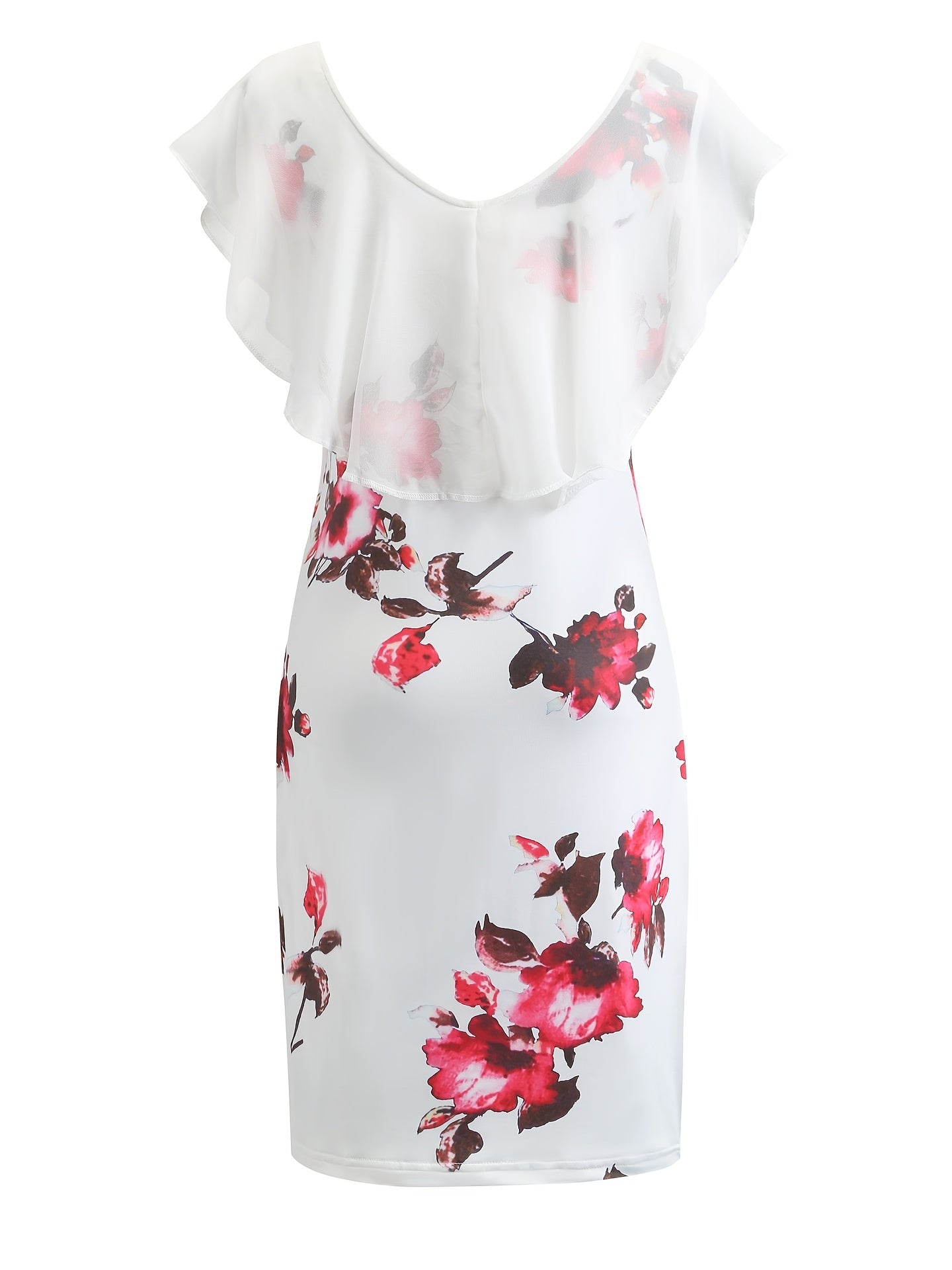 Vibrant Floral Print Ruffle Trim Bodycon Mini Dress - Scoop Neck, Short Sleeve, Casual Beach Summer Wear - Women's Fashion Clothing for Warm Weather