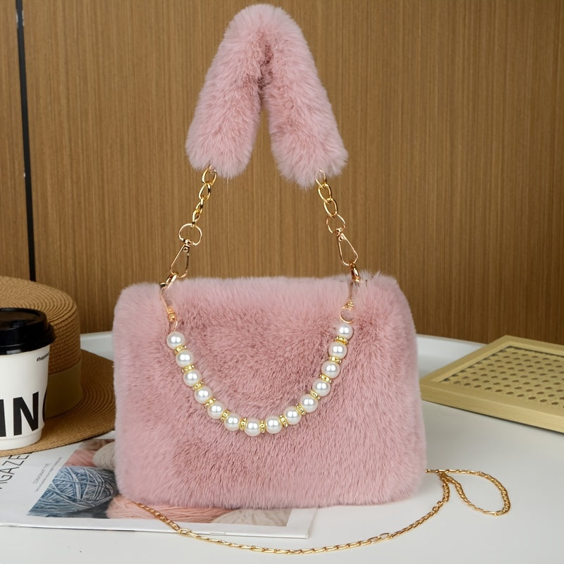 Faux Fur Shoulder Bag with Chain Strap, Synthetic Solid Color Handbag, Zipper Closure, Unlined, Non-Washable - Fashionable Mini Square Purse for Women