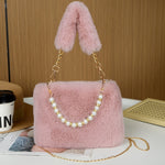 Faux Fur Shoulder Bag with Chain Strap, Synthetic Solid Color Handbag, Zipper Closure, Unlined, Non-Washable - Fashionable Mini Square Purse for Women
