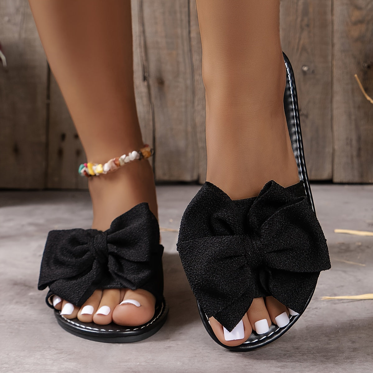 Chic Solid Color Bowknot Womens Flat Slides - Comfortable Slip-On, Ultra-Lightweight, Bowknot Accent - Perfect for Summer Beach Strolls and Vacations