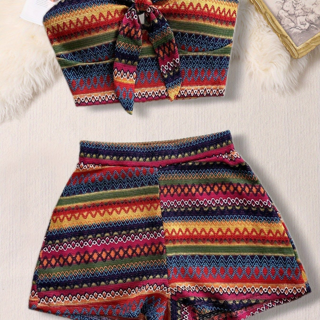 Women'S Summer Colorful Striped Elastic Sexy 2pcs Set/ Front Strap Top and High Waist Shorts, Suitable for Vacation and Daily Travel
