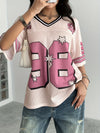 Women's Y2K-Inspired V-Neck Sports Jersey T-Shirt - Casual Short Sleeve with "SAVAGE 86" Letter Print, Pink & White Mesh Panel Design, Machine Washable, All-Season Wear, Sporty Apparel, Vintage Athletic Style, Breathable Fabr