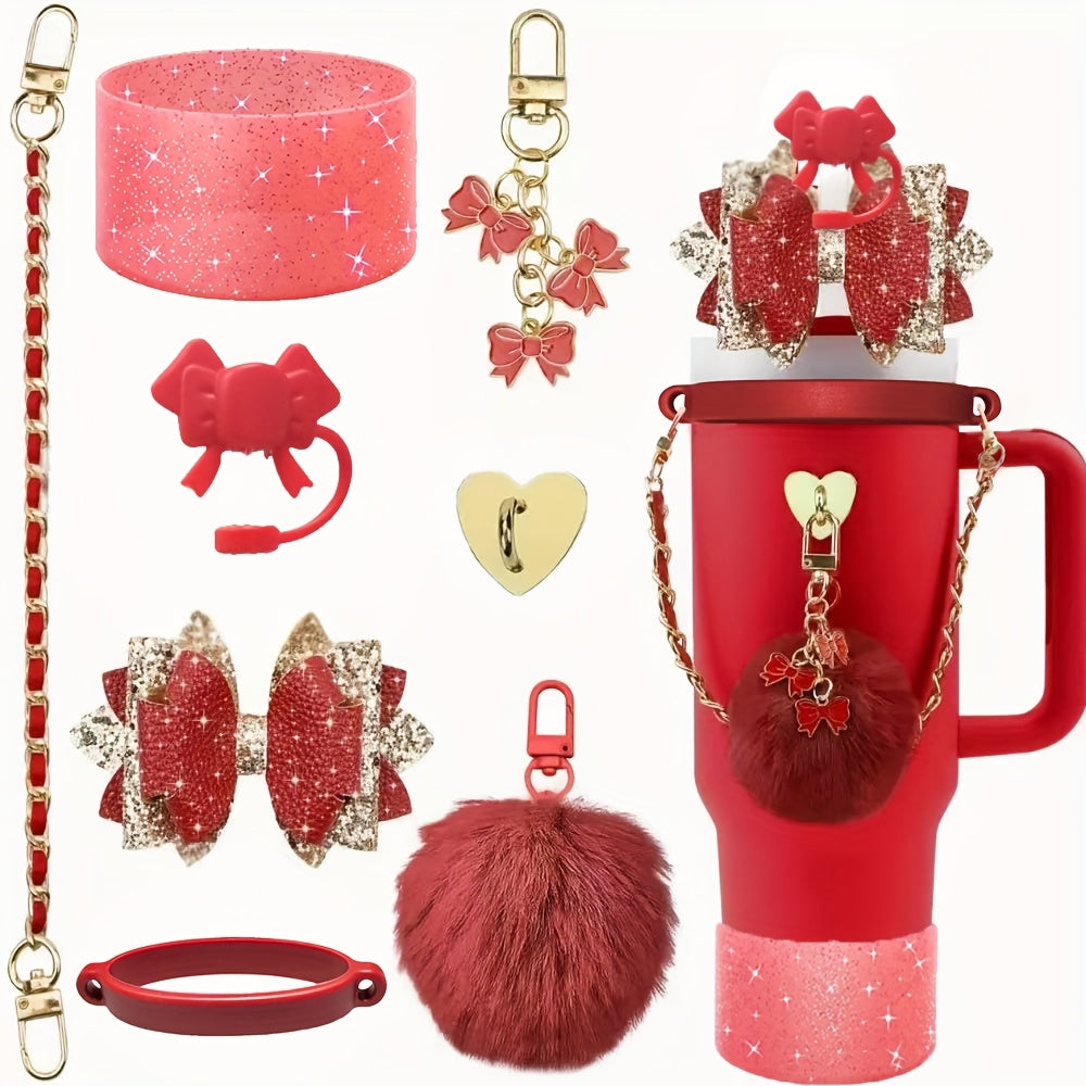 8pcs Bling Silicone Accessories for 30oz 40oz Tumbler Cup, Including Silicone Bow Straw Topper Cover, Protective Silicone Boot, Leather Water Bottles Handle Strap