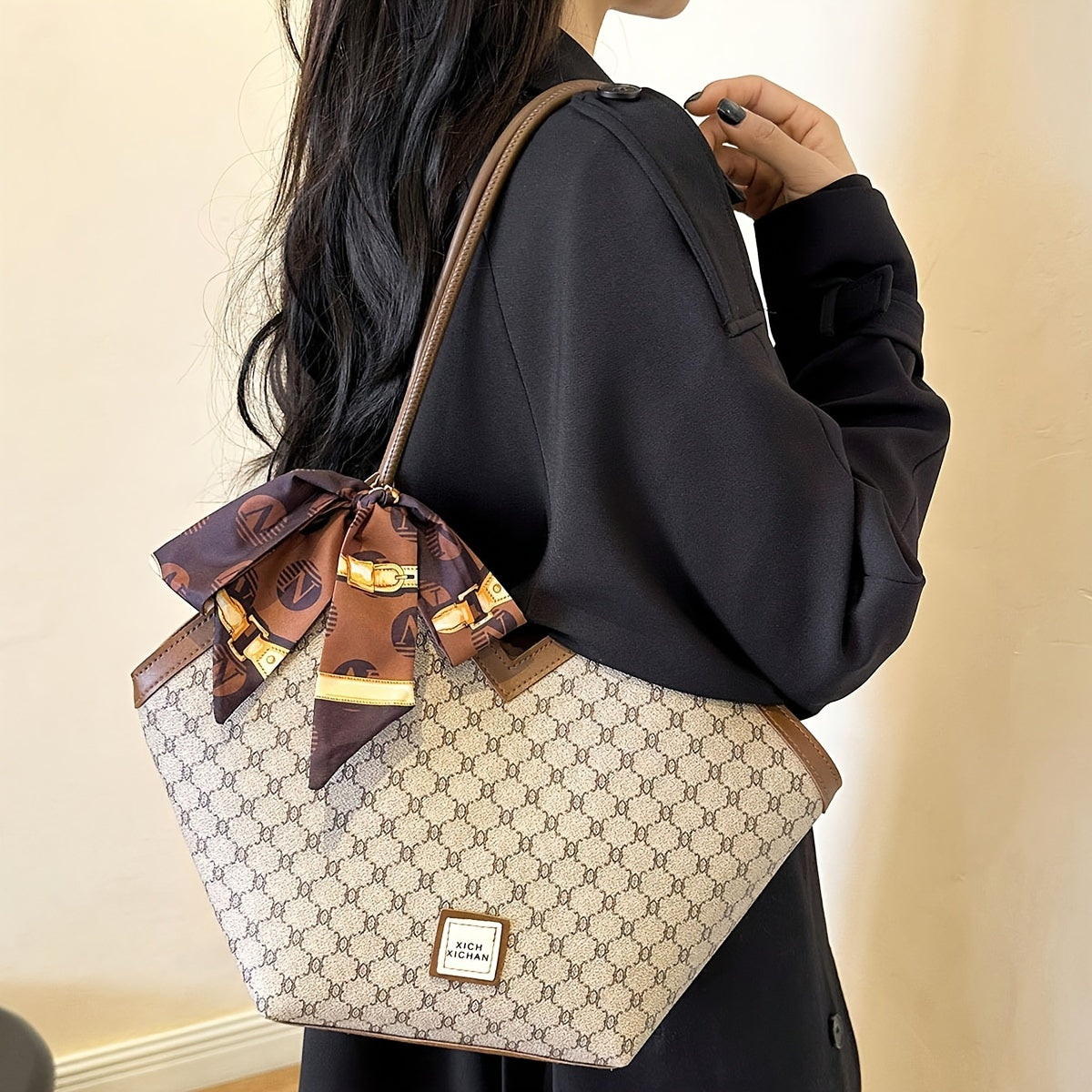Timeless Chic - Niche Shoulder Bag with Fashion-Forward Scarf Accent - Versatile Classic Pattern Design for Womens Everyday Style