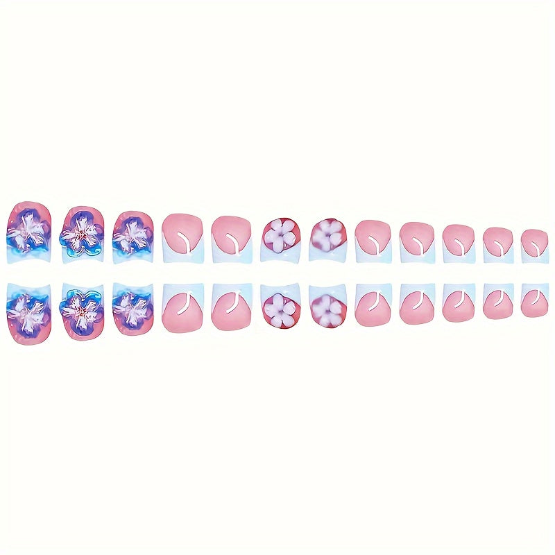 48pcs square fake nail set, two-piece set, 3D pure desire flower spiral nail tips suitable for all ladies and girls, with nail file and jelly glue in the box for easy wearing