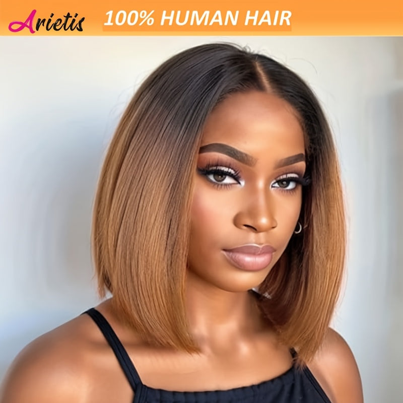 13x4 Transparent Lace Front Wig 10 Inch Straight Bob Human Hair Wig - Brown to Blonde Ombre with Black Highlights, 180% Density, Business Style for Women of All Ethnicities, Wig Accessories