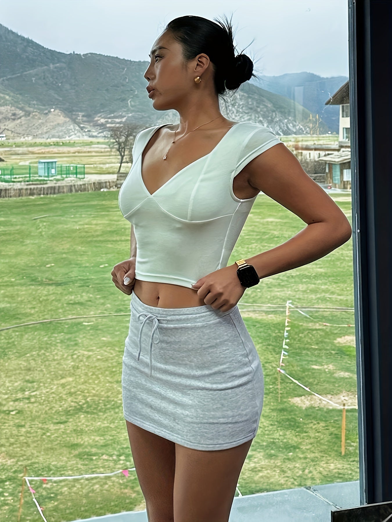 Solid Color Slim Skirt, Casual Drawstring Waist Bodycon Skirt For Spring & Summer, Women's Clothing
