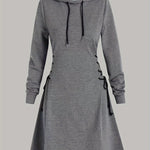 Elegant Hooded Sweatshirt Dress with Drawstring and Knee-Length Skirt - Polyester Knit Fabric, Long Sleeve, Spring/Fall Adult Fashion Dress