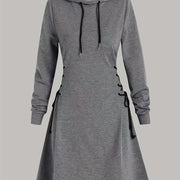 Elegant Hooded Sweatshirt Dress with Drawstring and Knee-Length Skirt - Polyester Knit Fabric, Long Sleeve, Spring/Fall Adult Fashion Dress