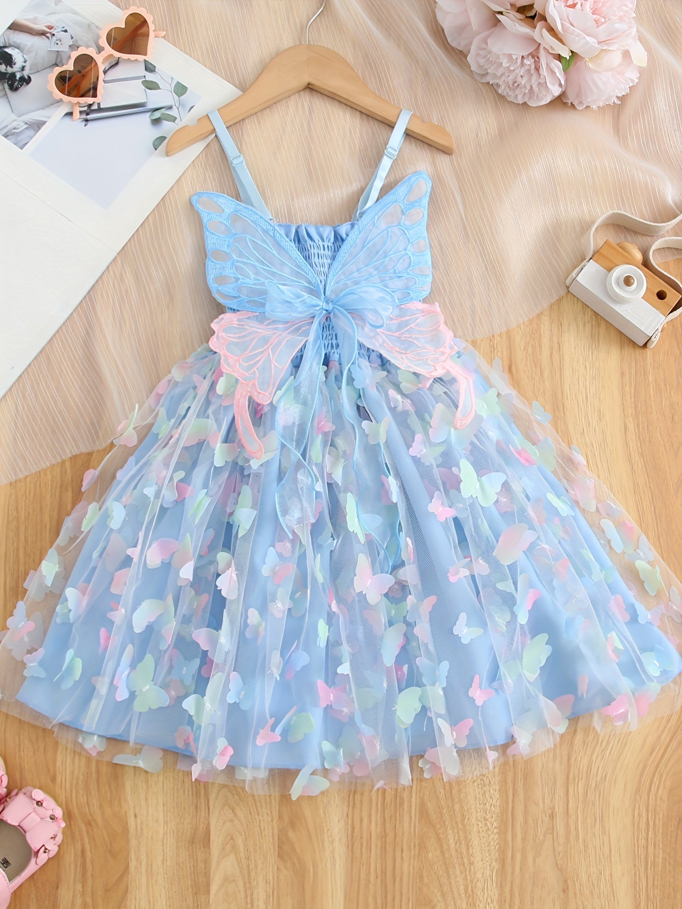 Enchanting Rainbow Butterfly Princess Dress for Girls - Elegant Sleeveless Mesh Tutu with Bow Detail, Perfect for Parties & Birthdays