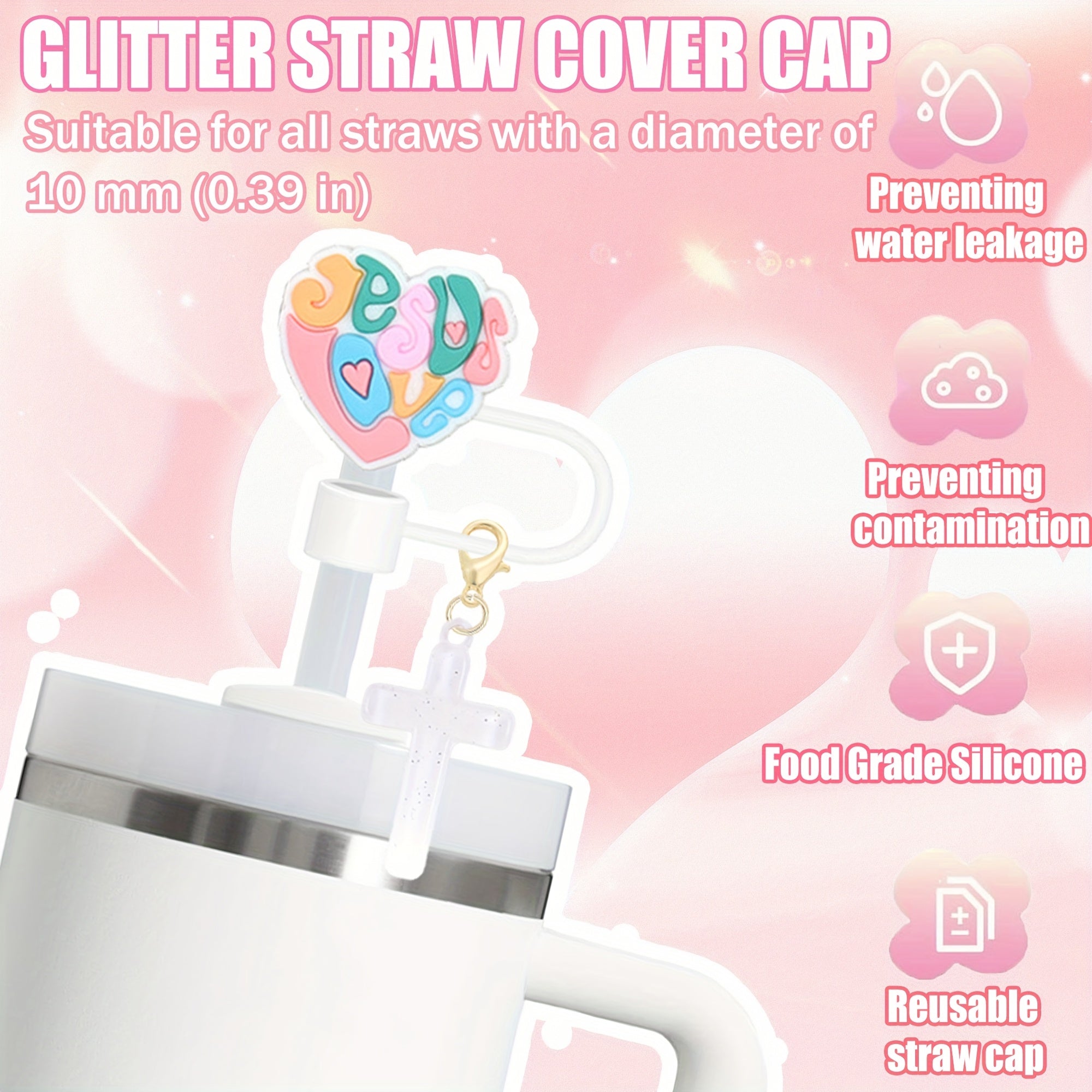 Shiny Pink Words Design Portable Straw Lid with Charm - Cup Tumbler Accessories - Beverage Cup Topper with Clip-On Bling Butterfly Ornament, 1.8in Diameter, Cute and Functional Sports Water Bottle