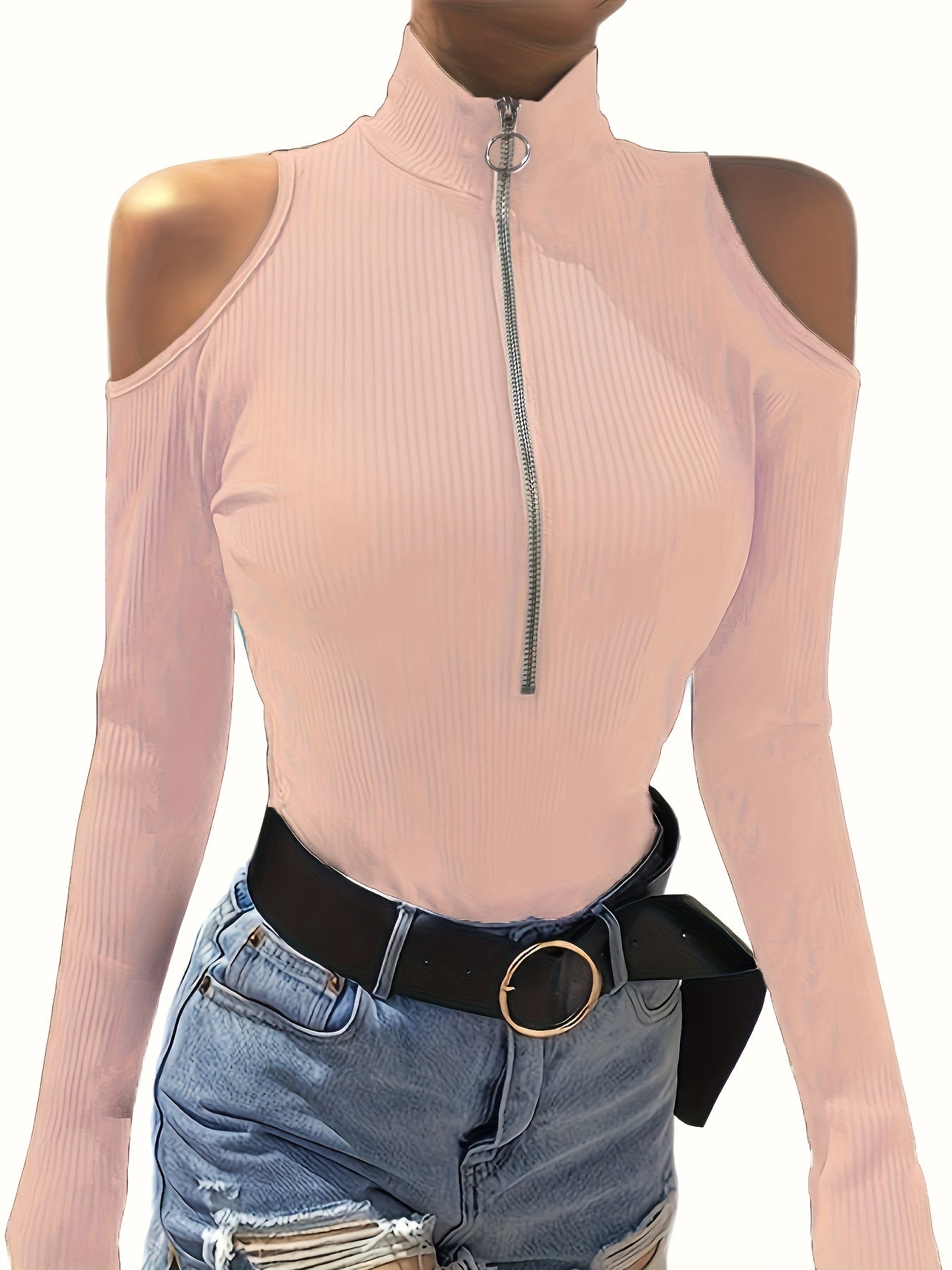 Solid Color Zip Up T-shirt, Elegant Cold Shoulder Long Sleeve Top For Spring & Fall, Women's Clothing