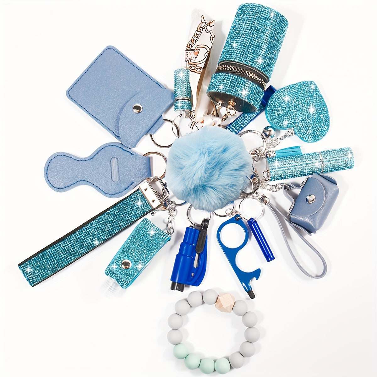 15pcs Rhinestone Safety Keychain Set for Women, Wristlet Keyring with Storage Pouch & Pom Pom Card Holder Accessories Kit